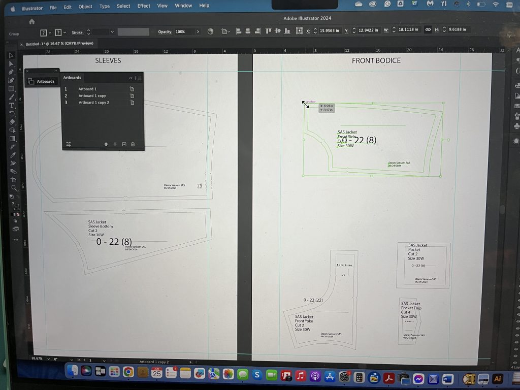 Stacey Sansom | Using Adobe Illustrator to place for printing my pattern pieces exported from Gerber Accumark 