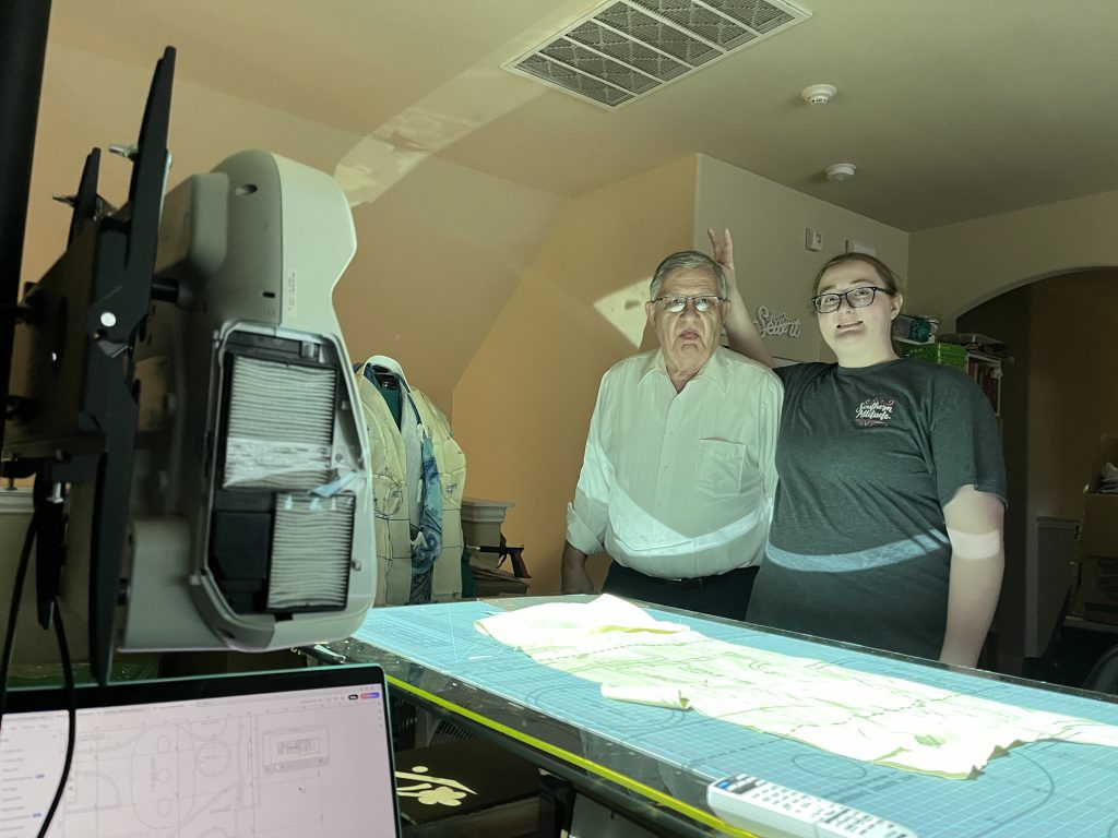 Stacey Sansom | Dad and Katlynn being goofy for the camera while learning about the pattern projection process.